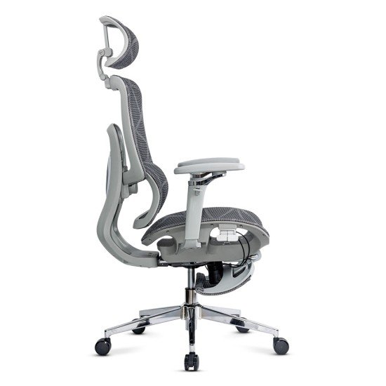 Scaun birou ergonomic gri din mesh cu tetieră reglabilă, brațe 4D și șezut culisant SYYT 9520