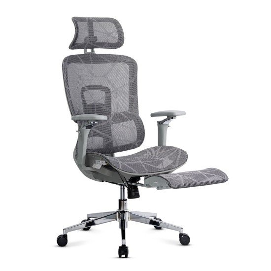 Scaun birou ergonomic gri din mesh cu tetieră reglabilă, brațe 4D și șezut culisant SYYT 9520