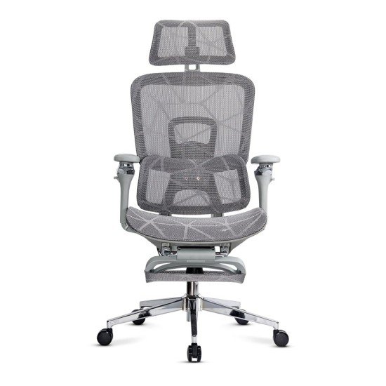 Scaun birou ergonomic gri din mesh cu tetieră reglabilă, brațe 4D și șezut culisant SYYT 9520