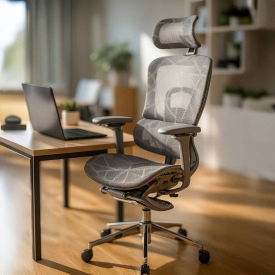 Scaun birou ergonomic gri din mesh cu tetieră reglabilă, brațe 4D și șezut culisant SYYT 9520
