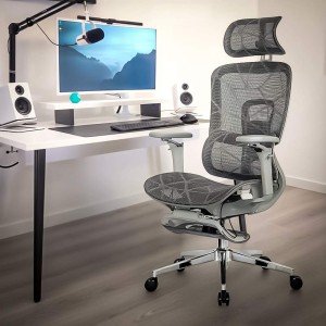 Scaun birou ergonomic gri din mesh cu tetieră reglabilă, brațe 4D și șezut culisant SYYT 9520
