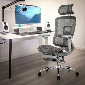 Scaun birou ergonomic gri din mesh cu tetieră reglabilă, brațe 4D și șezut culisant SYYT 9520