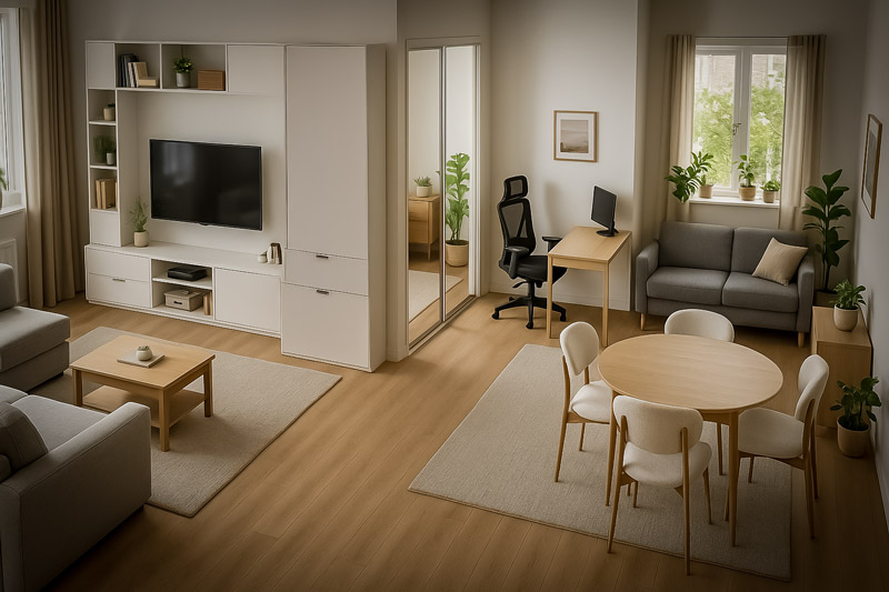 Apartament modern complet amenajat cu living, bucatarie si dormitor in stil contemporan