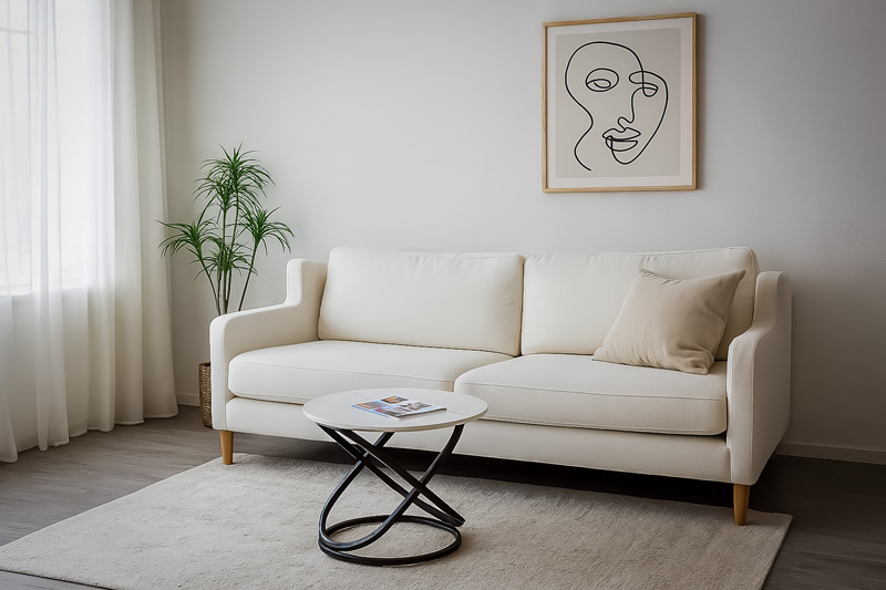 Living minimalist cu mobilier functional si paleta cromatica neutra pentru apartament modern