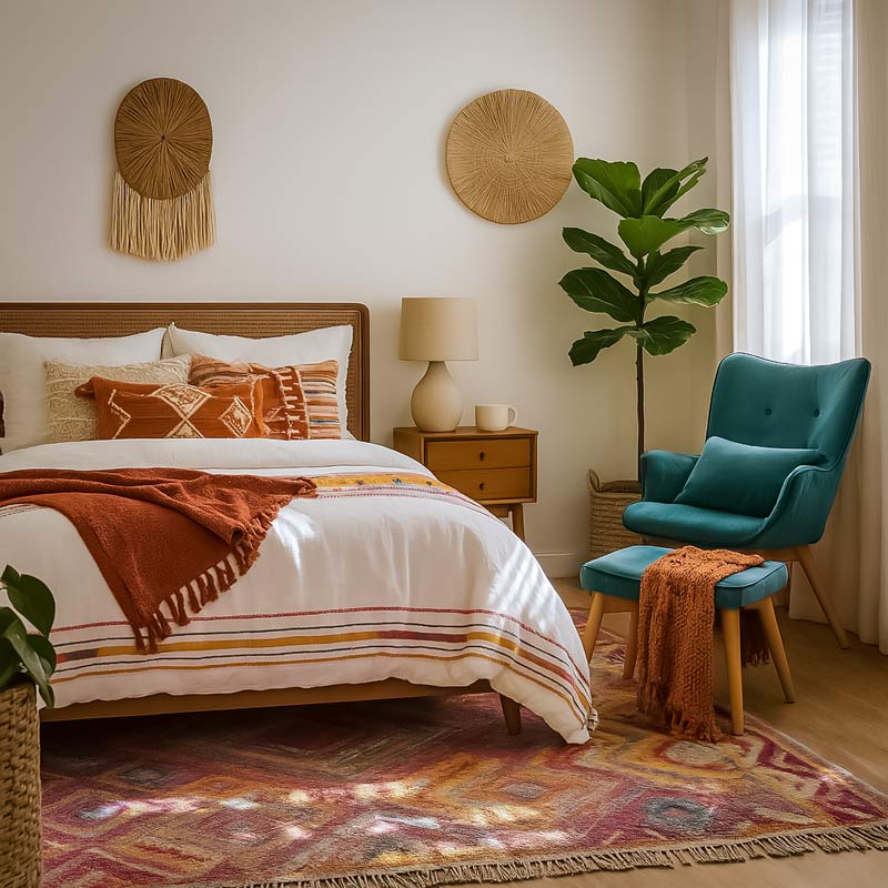 Dormitor boho chic cu textile colorate si decoratiuni eclectice pentru apartament de 2 camere