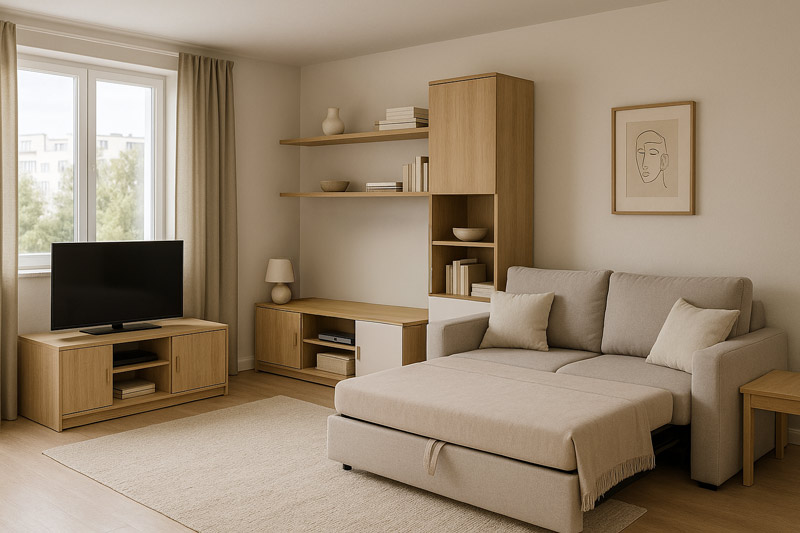 Living modern cu canapea extensibila si mobilier multifunctional pentru apartament cu 2 camere