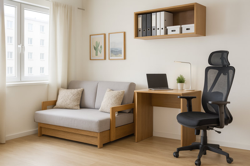 Camera multifunctionala cu birou si canapea extensibila pentru apartament cu 3 camere