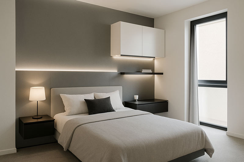 Dormitor minimalist, cu linii drepte și tonuri neutre Dormitor cu design modern și aerisit