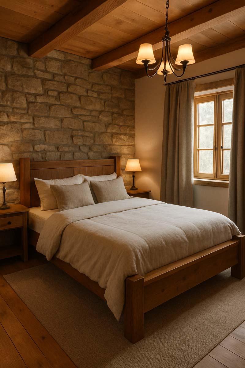 Dormitor cu mobilier din lemn natural Dormitor rustic cu accente naturale