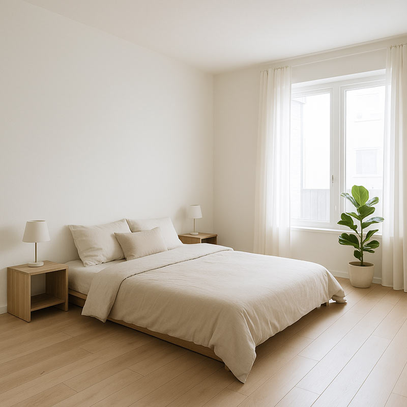 Dormitor simplu cu mobilier redus la esențial Design minimalist pentru un dormitor liniștit