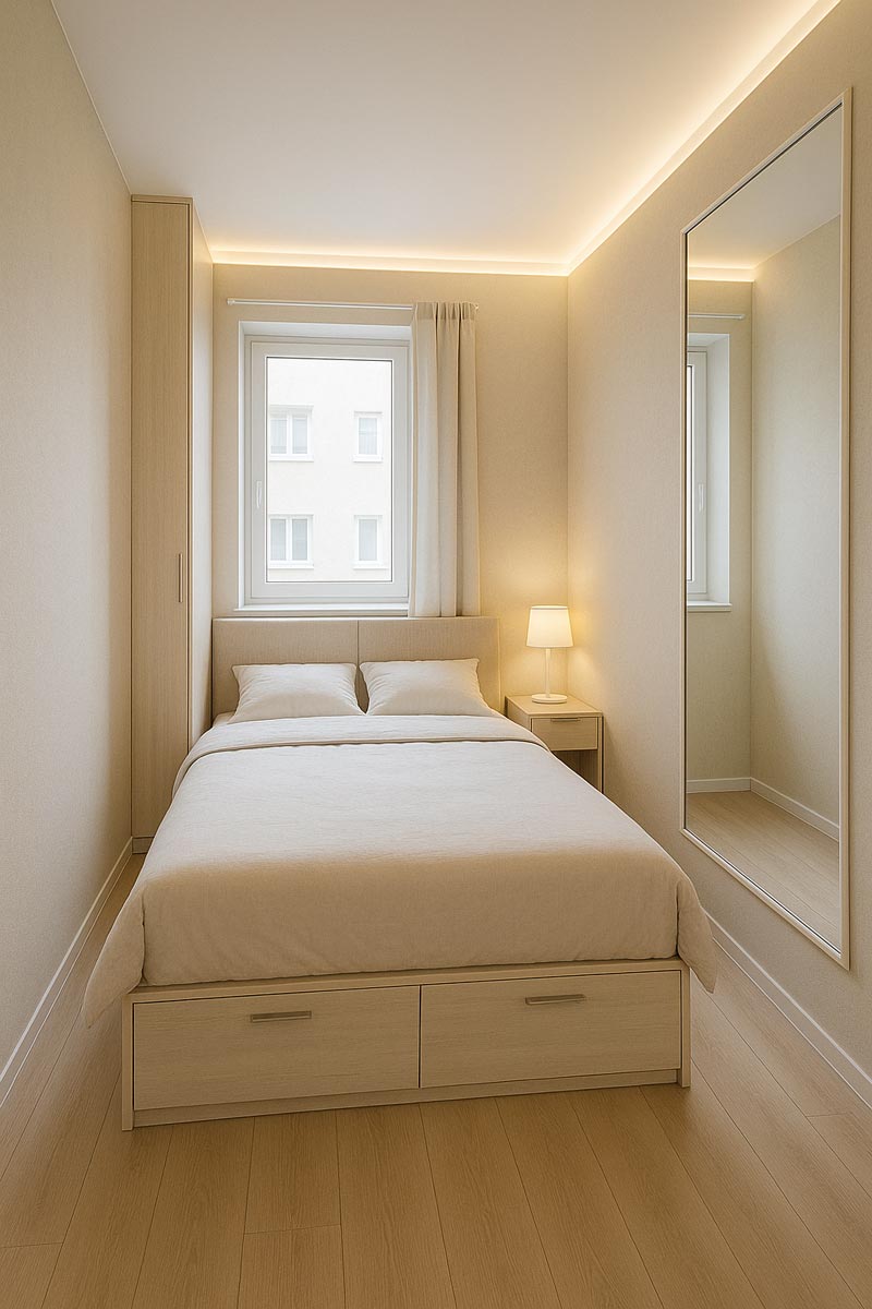 Dormitor mic optimizat cu mobilier multifuncțional Amenajare practică pentru un dormitor de mici dimensiuni