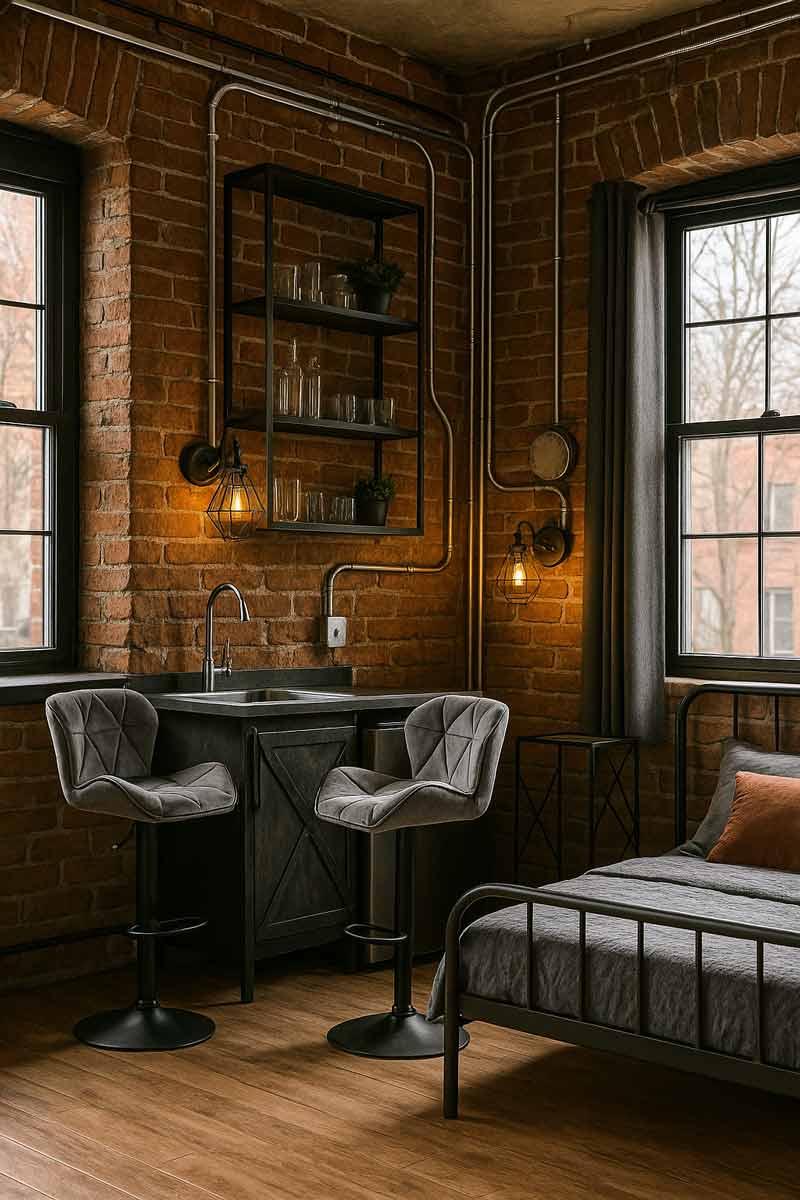 Garsoniera stil industrial cu perete caramida mobilier metal si conducte aparente
