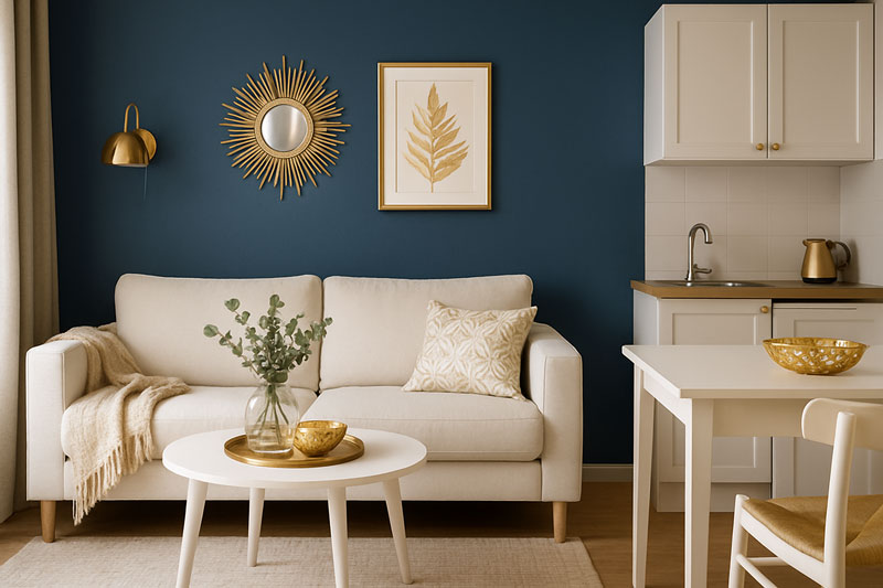 Perete accent albastru navy garsoniera cu mobilier alb decoruri aurii elegant
