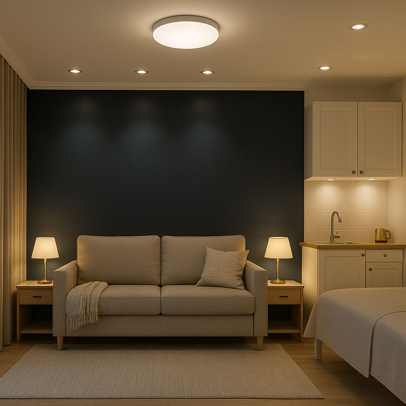Garsoniera cu iluminat stratificat plafoniera spoturi si veioze decorative moderne