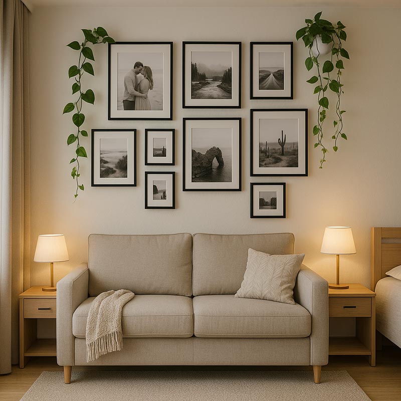 Perete galerie fotografii si plante agatatore garsoniera personalizata cu verde