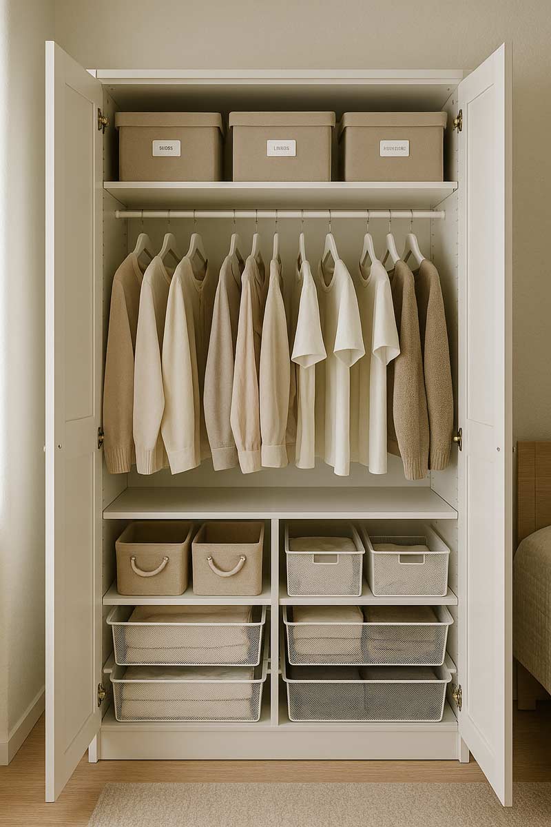 Dulap pana la tavan cu organizatori interiori cutii decorative etichetate functional
