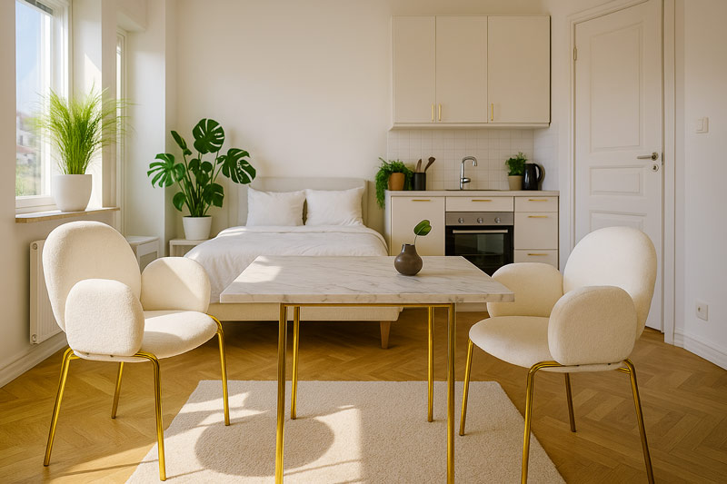 Garsoniera stil modern cu mobilier alb linii curate si accente metalice