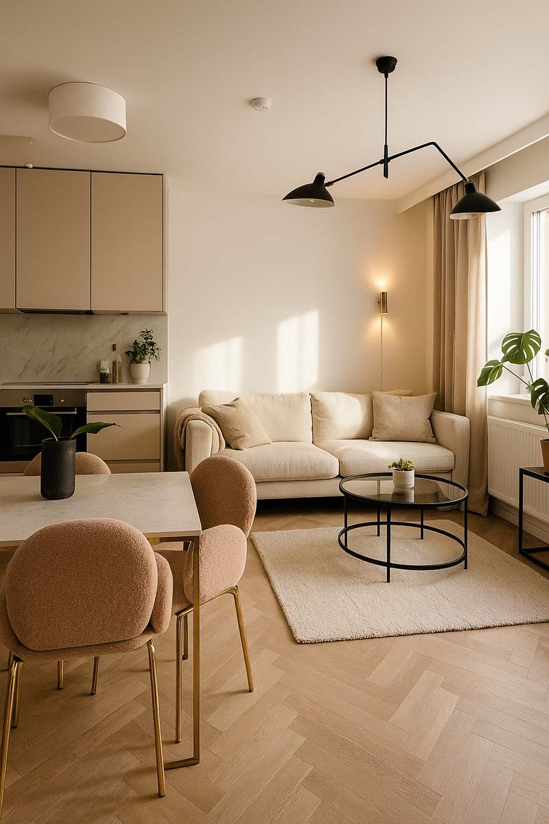 Garsoniera open space cu delimitare prin mobilier si iluminat functional