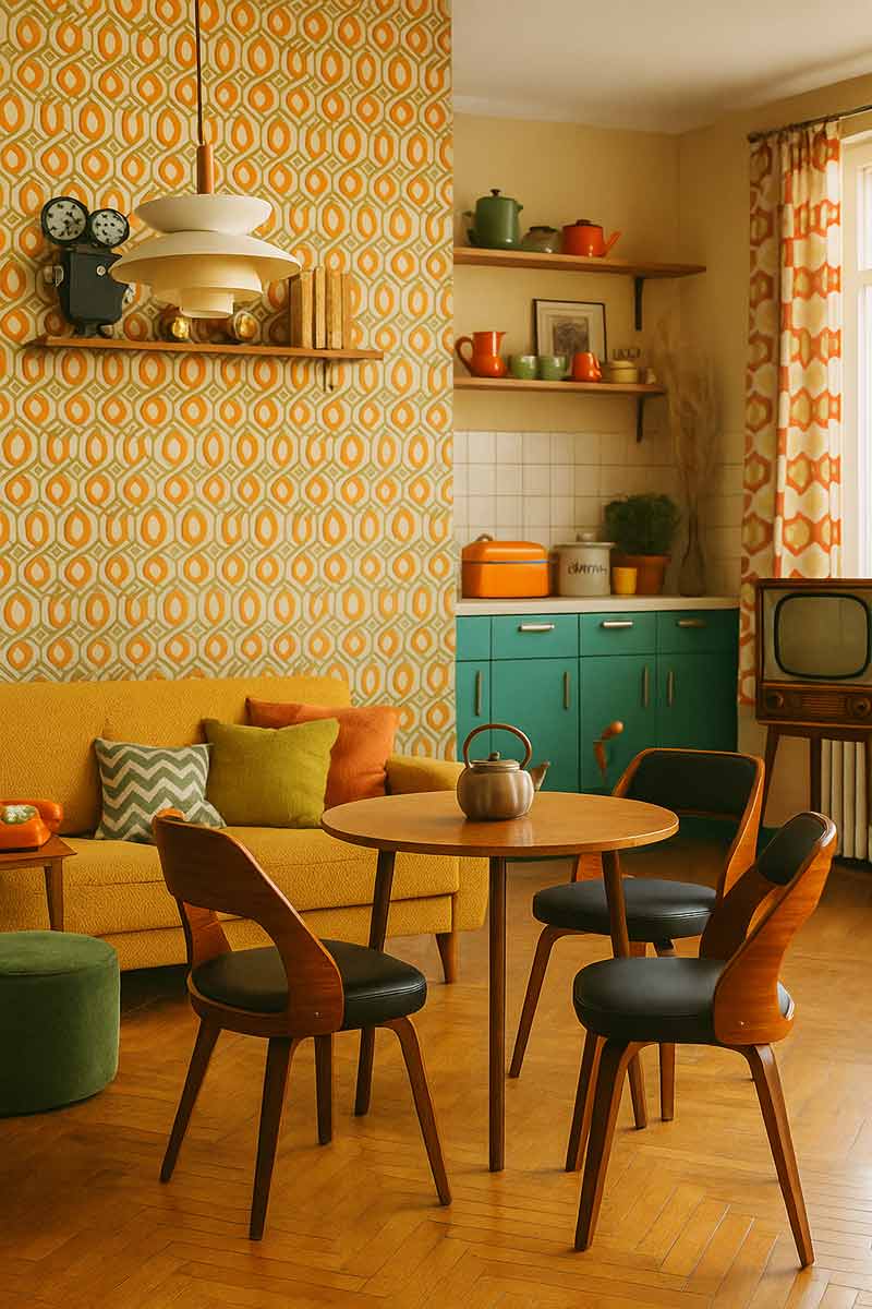 Garsoniera retro cu mobilier colorat din lemn si accente vintage aurii