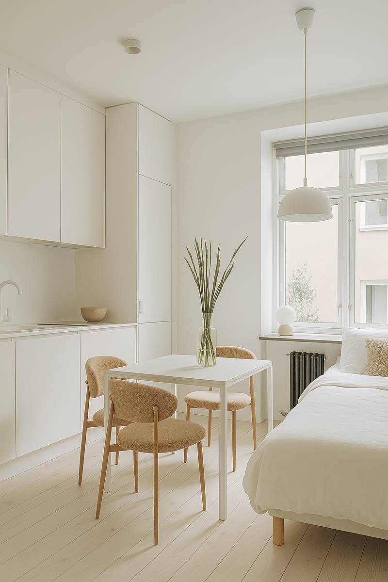 Garsoniera minimalista cu mobilier alb spatii curate si decoruri selective simple