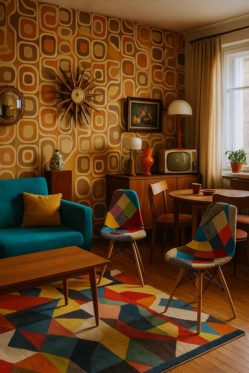 Garsoniera art deco cu mobilier auriu oglinzi decorative si accente catifea