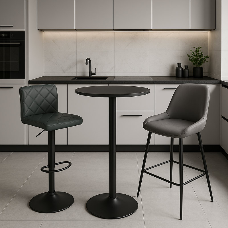 Bucatarie cu diferite modele de scaune de bar