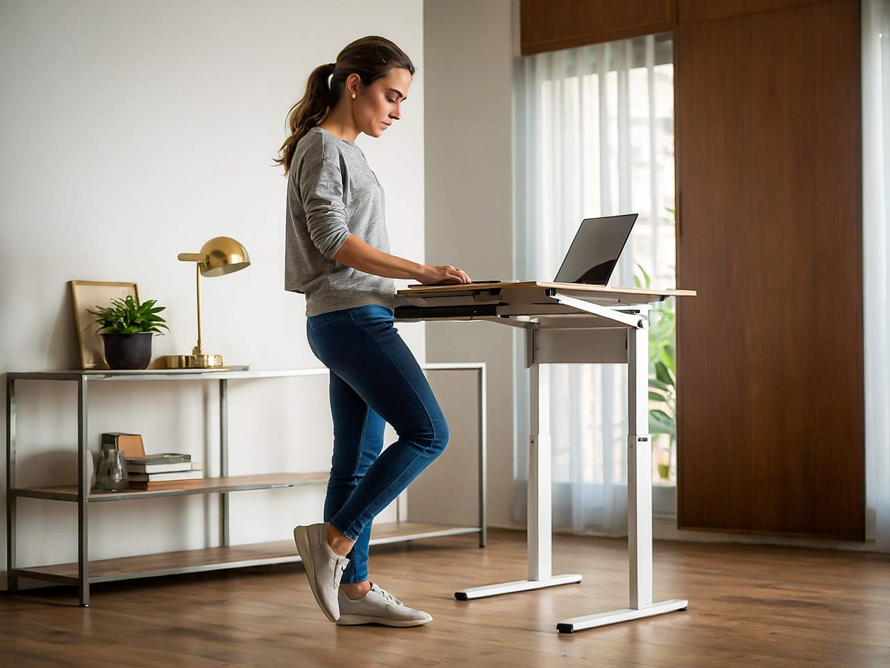Femeie folosind un birou reglabil pentru a alterna între a sta jos și a sta în picioare