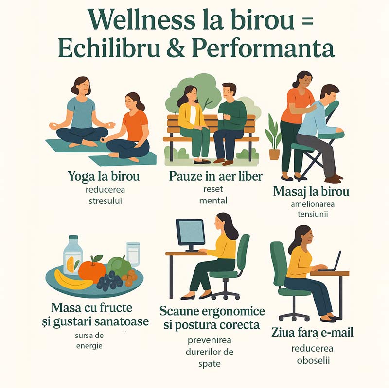 Montaj foto cu activitati de team building, wellness si beneficii pentru angajati