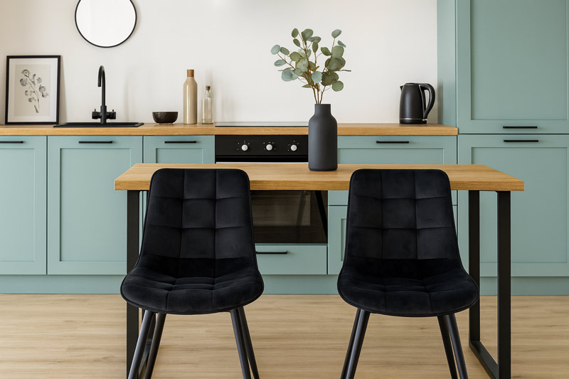 Bucatarie pastel albastru si verde cu blat din lemn