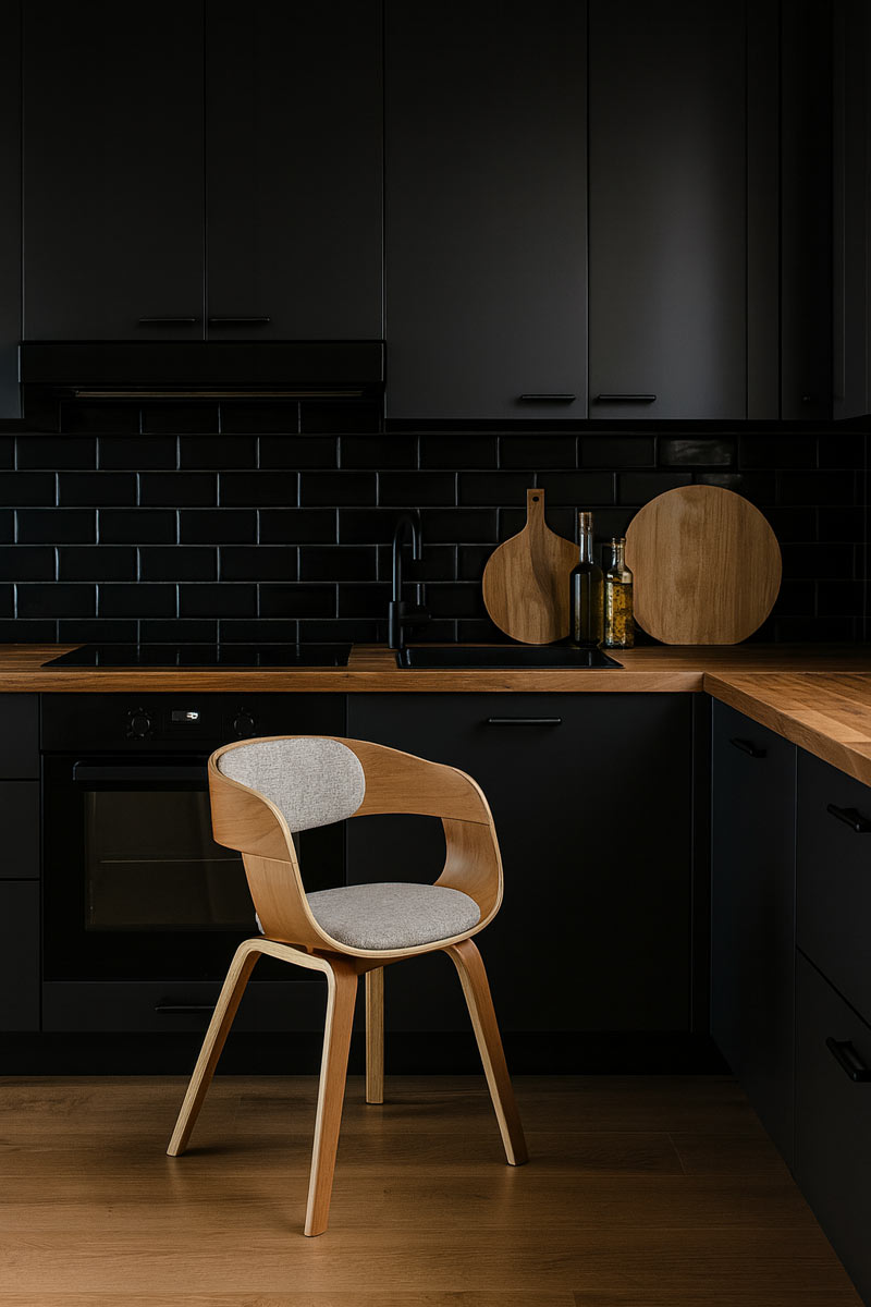 Bucatarie cu fronturi negre mate si blat din lemn